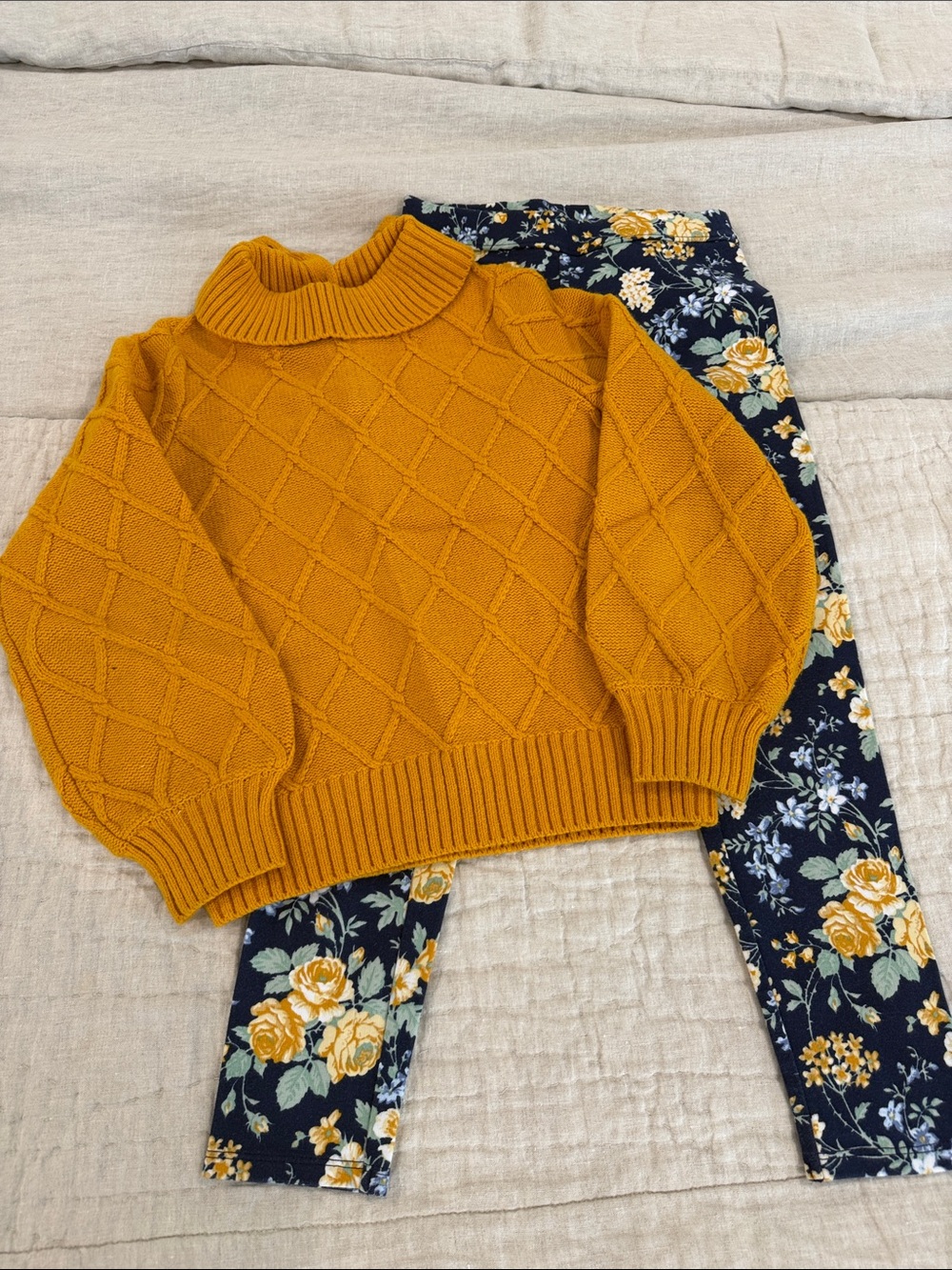 Janie and Jack Mustard Cable Knit Sweater with Navy Floral Leggings - Girls 8